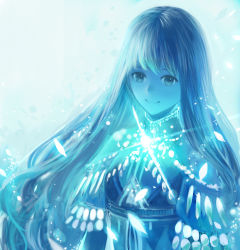 Rule 34 | 1girl, blue theme, female focus, gradient background, light particles, limited palette, long hair, looking at viewer, monochrome, original, petals, sakimori (hououbds), smile, solo, sparkle, upper body, white background