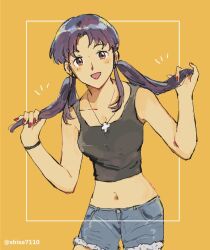 Rule 34 | 1girl, blush stickers, breasts, cross, cross necklace, holding, holding hair, jewelry, katsuragi misato, medium breasts, nail polish, navel, necklace, neon genesis evangelion, open mouth, purple hair, shiso7110, shorts, solo, yellow background