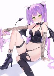 Rule 34 | 1girl, :p, bandaid on thigh, black footwear, black panties, black thighhighs, blush, boots, breasts, camisole, closed mouth, crop top, demon tail, demon wings, detached sleeves, ear piercing, fishnet sleeves, fishnets, green eyes, gun, hair ornament, hairclip, high heel boots, high heels, highres, holding, holding gun, holding weapon, hololive, long hair, long sleeves, looking at viewer, panties, piercing, purple hair, single thighhigh, small breasts, solo, tail, thigh strap, thighhighs, tokoyami towa, tongue, tongue out, torn clothes, torn thighhighs, twintails, underwear, very long hair, virtual youtuber, weapon, wings, yuzukicture