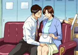 Rule 34 | 00s, 1boy, 1girl, arm around neck, bag, black hair, blush, box, breasts, brown hair, cardboard box, chair, cirima, closed eyes, couch, crotch grab, dress shirt, folding chair, glasses, groping, hair bun, hand under clothes, hand under skirt, handbag, hetero, hikaru no go, holding, housewife, huge breasts, indoors, jacket, large breasts, locker, long sleeves, mature female, mitsuko sanrakugaki, molestation, necktie, office lady, open clothes, open jacket, open mouth, outstretched arm, pants, parted bangs, parted lips, pencil skirt, shindou mitsuko, shirt, short hair, single hair bun, sitting, skirt, striped, sweatdrop, sweater, swept bangs, teacher, thigh grab, turtleneck, volvox, watch, white shirt, window, wing collar, wristwatch