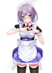 Rule 34 | 1girl, absurdres, alternate costume, apron, black thighhighs, blue hair, blue nails, blush, bow, breasts, closed mouth, colored inner hair, commentary request, cowboy shot, enmaided, eyes visible through hair, frilled apron, frilled skirt, frills, hair bow, hair ornament, hairclip, heart, heart hands, high-waist skirt, highres, kiaoekakishitai, looking at viewer, maid, maid headdress, medium breasts, medium hair, multicolored hair, nail polish, nijisanji, nijisanji kr, nun bora, plaid, plaid skirt, puffy short sleeves, puffy sleeves, purple hair, purple skirt, red bow, short sleeves, simple background, skirt, small breasts, solo, standing, thighhighs, virtual youtuber, white apron, white background, wrist cuffs