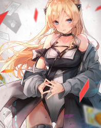 Rule 34 | 1girl, :d, bare shoulders, black dress, black thighhighs, blonde hair, blue eyes, blush, braid, breasts, choker, cleavage, collarbone, cowboy shot, dress, fingers together, floating hair, girls&#039; frontline, gluteal fold, groin, hair ornament, highres, jewelry, k5 (girls&#039; frontline), large breasts, leotard, long hair, looking at viewer, medium breasts, off shoulder, open clothes, open dress, open mouth, pot-palm, ring, sidelocks, skindentation, smile, solo, thighhighs, wedding ring, white leotard