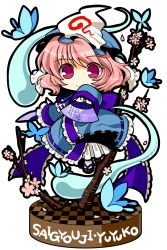 Rule 34 | 1girl, blue dress, bug, butterfly, character name, cherry blossoms, chibi, dress, faux figurine, female focus, ghost, hand fan, hat, highres, insect, petals, pink dress, pink eyes, saigyouji yuyuko, smile, socha, solo, touhou, transparent background, twig