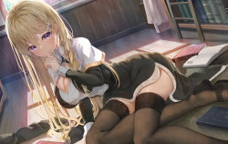 Rule 34 | 1girl, absurdres, black thighhighs, blonde hair, book, bookshelf, braid, breasts, cleavage, dress, fallen down, finger to mouth, highres, hiragi ringo, indoors, ladder, long hair, looking at viewer, mole, mole under eye, original, purple eyes, side slit, solo, sunlight, thighhighs, thighs