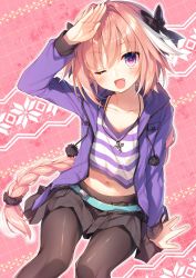 Rule 34 | 1boy, ;d, arm support, astolfo (fate), astolfo (memories at trifas) (fate), belt, black pantyhose, black skirt, blush, braid, casual, cross, cross necklace, fang, fate/apocrypha, fate (series), hair ribbon, highres, hood, hooded jacket, jacket, jewelry, long hair, looking at viewer, male focus, midriff, navel, necklace, official alternate costume, one eye closed, open mouth, pantyhose, pink background, pink hair, pleated skirt, pom pom (clothes), purple eyes, purple jacket, purple shirt, ribbon, salute, shirt, single braid, skirt, smile, solo, striped clothes, striped shirt, toosaka asagi, trap, very long hair