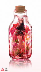 Rule 34 | 1girl, :d, antenna hair, arknights, black jacket, black panties, black skirt, bottle, flower, from behind, grey shirt, highres, horns, in container, jacket, looking at viewer, looking back, miniskirt, no socks, open mouth, panties, pantyshot, pink flower, red flower, reflection, rose, scarf, shirt, shoes, short hair, silver hair, skirt, smile, solo, standing, tail, thighs, underwear, w (arknights), yuuki mix