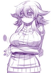 Rule 34 | 1girl, asakawa remon, blush, breast hold, breasts, ear blush, large breasts, monochrome, original, pointy ears, purple theme, remona-san, simple background, solo, sweater, white background