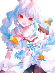 Rule 34 | 1girl, :d, animal ears, blue hair, blush, braid, breasts, carrot hair ornament, detached sleeves, don-chan (usada pekora), dress, food-themed hair ornament, gloves, hair ornament, highres, hololive, long hair, looking at viewer, open mouth, pantyhose, rabbit ears, red eyes, ruu poppo, short eyebrows, short sleeves, simple background, small breasts, smile, solo, thick eyebrows, twin braids, usada pekora, usada pekora (1st costume), virtual youtuber, white background, white dress