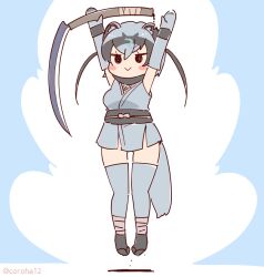Rule 34 | 1girl, animal ears, arms up, blue background, blue hair, coroha, elbow gloves, extra ears, full body, gloves, japanese clothes, jumping, kamaji (kemono friends), kemono friends, kimono, looking at viewer, ninja, sandals, short hair, simple background, sleeveless, solo, tail, thighhighs, weapon, weasel ears, weasel girl, weasel tail, zouri