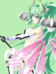 Rule 34 | 1girl, ass, bare shoulders, breasts, butt crack, choujigen game neptune, closed mouth, detached wings, elbow gloves, eyebrows, gloves, green hair, green heart (neptunia), grey background, hair between eyes, hair intakes, headgear, high ponytail, holding, holding polearm, holding spear, holding weapon, joney, large breasts, long hair, multiple wings, neptune (series), pink wings, polearm, power symbol, power symbol-shaped pupils, purple eyes, see-through, simple background, smile, solo, spear, symbol-shaped pupils, thighhighs, vert (neptunia), very long hair, weapon, white gloves, white thighhighs, wings