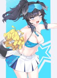Rule 34 | 1girl, animal ears, black hair, blue archive, blue eyes, blue skirt, breasts, cheerleader, crop top, dog ears, dog girl, dog tail, goggles, goggles on head, hibiki (blue archive), hibiki (cheer squad) (blue archive), highres, hogemi, holding, holding pom poms, medium breasts, midriff, millennium cheerleader outfit (blue archive), miniskirt, multicolored clothes, multicolored skirt, pleated skirt, pom pom (cheerleading), pom poms, ponytail, skirt, solo, sticker on face, tail, white skirt