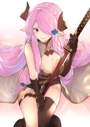 Rule 34 | 1girl, absurdres, asymmetrical gloves, belt, between legs, black footwear, black gloves, black thighhighs, blue eyes, blush, braid, breasts, cleavage, closed mouth, coat, demon horns, draph, elbow gloves, feet out of frame, gloves, granblue fantasy, hair ornament, hair over one eye, hairclip, highres, holding, horns, katana, large breasts, light purple hair, long hair, looking at viewer, low tied hair, narmaya (granblue fantasy), pointy ears, reki (dezuko), sheath, sheathed, simple background, single braid, single thighhigh, sleeveless, solo, sword, thigh strap, thighhighs, uneven gloves, weapon, white coat