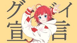 Rule 34 | 1girl, ahoge, asahina akane (nijisanji), blue eyes, commentary request, goodbye sengen (vocaloid), hair ornament, highres, hood, hood down, hoodie, long sleeves, looking at viewer, mugimugigo, nijisanji, official art, ok sign, red hair, second-party source, short hair, sleeves past wrists, smile, solo, song name, v, virtual youtuber, vocaloid, yellow background