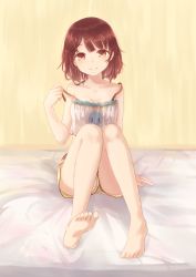 Rule 34 | 1girl, atelier (series), atelier sophie, bad id, bad pixiv id, barefoot, blush stickers, breasts, brown eyes, brown hair, camisole, character print, cleavage, closed mouth, collarbone, feet, full body, head tilt, highres, knees together feet apart, looking at viewer, maka neko, medium breasts, panties, panty peek, puni (atelier), shorts, sitting, smile, soles, solid oval eyes, solo, sophie neuenmuller, strap pull, toes, underwear, upshorts, white panties, yellow shorts