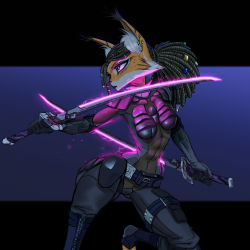 Rule 34 | 1girl, absurdres, cyberpunk, dual wielding, flarefox, furry, glowing, highres, holding, holding weapon, long hair, lynx, military, military uniform, original, science fiction, solo, sword, uniform, weapon