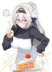 Rule 34 | ..., 1girl, absurdres, alternate costume, apron, black hairband, black shirt, blush, breasts, cake, commentary, cowboy shot, firefly (honkai: star rail), food, fork, freerun79, fruit, grey hair, hair intakes, hairband, hand up, highres, honkai: star rail, honkai (series), index finger raised, large breasts, leaning forward, long sleeves, looking at viewer, ponytail, purple eyes, shirt, smile, solo, spoken ellipsis, standing, strawberry, strawberry shortcake, v-shaped eyebrows, white apron
