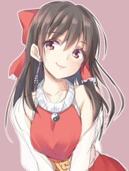 Rule 34 | 1girl, bad id, bad pixiv id, bare shoulders, black hair, blush, bow, breasts, commentary request, earrings, hair between eyes, hair bow, hair tubes, hakurei reimu, head tilt, hisae (hisae collect), jewelry, long hair, looking at viewer, outline, purple background, red bow, red eyes, red skirt, sidelocks, simple background, skirt, skirt set, small breasts, smile, solo, touhou, upper body, white outline, yin yang
