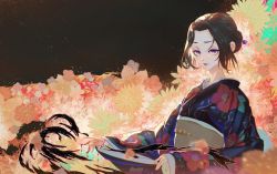 Rule 34 | 1girl, black background, black hair, blood, blood on hands, closed mouth, commentary request, fingernails, floral background, floral print, japanese clothes, kimetsu no yaiba, kimono, li0n (kongshushiwo), light particles, lipstick, long hair, long sleeves, looking at viewer, makeup, obi, obiage, obijime, parted bangs, sash, simple background, solo, tamayo (kimetsu no yaiba), wide sleeves