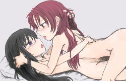 Rule 34 | 10s, 2girls, akemi homura, belly-to-belly, black hair, eye contact, face-to-face, flat chest, grey background, hand in another&#039;s hair, hand on another&#039;s head, hug, imminent kiss, long hair, looking at another, lying, mahou shoujo madoka magica, mahou shoujo madoka magica (anime), missionary, multiple girls, nude, on back, purple eyes, red eyes, red hair, sakura kyoko, saliva, saliva trail, sex, simple background, sketch, sweat, tongue, tongue out, yuri