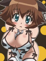 Rule 34 | 00s, 1girl, animal print, aqua eyes, awa, between breasts, blush, breasts, brown hair, chain, cleavage, cow print, elbow gloves, garter belt, gloves, jaggy lines, kemeko deluxe, large breasts, leaning forward, lowres, makihara izumi, oekaki, open mouth, short hair, solo, thighhighs