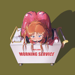 Rule 34 | all fours, angry, ass, bdsm, blue eyes, blush, bodysuit, bondage, bound, box, condom, drooling, gag, highres, hitachi magic wand, in box, in container, long hair, neon genesis evangelion, orange hair, plugsuit, public use, reptileye, restrained, ring gag, saliva, service station, sex toy, simple background, skin tight, souryuu asuka langley, stuck, tissue, vibrator