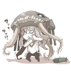 Rule 34 | 10s, 1girl, abyssal ship, blue eyes, bodysuit, chibi, eiri (eirri), injury, kantai collection, monster, open mouth, pale skin, personification, silver hair, solo, tears, torpedo, trembling, turret, wo-class aircraft carrier