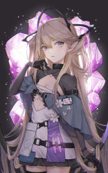 Rule 34 | 1girl, arknights, belt, black background, black belt, black gloves, blonde hair, breasts, cleavage, commentary request, cowboy shot, flower, gloves, hair between eyes, hand up, highres, holding, holding own hair, indigo (arknights), infection monitor (arknights), long hair, medium breasts, nekonomi, open mouth, pointy ears, purple eyes, solo, standing, thigh strap, thighs, two side up, upper body, very long hair, vial, white flower