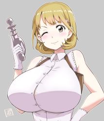 Rule 34 | 10s, 1girl, ;), blush, bowieknife, breasts, brown hair, energy gun, gloves, hair ornament, hairclip, huge breasts, narusawa ryouka, occultic;nine, one eye closed, ray gun, short hair, smile, solo, weapon