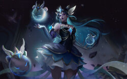 Rule 34 | 1girl, absurdres, aqua hair, bare shoulders, black hair, breasts, colored inner hair, earrings, elbow gloves, eyeshadow, frilled skirt, frills, gloves, hazuka ssri, highres, jewelry, league of legends, lipstick, long hair, looking at viewer, magical girl, makeup, medium breasts, multicolored hair, night, night sky, official alternate costume, official alternate hairstyle, outdoors, partially fingerless gloves, prestige edition (league of legends), prestige star guardian syndra, purple eyes, purple eyeshadow, purple lips, purple nails, skirt, sky, solo, star (symbol), star earrings, star guardian (league of legends), star guardian pet, syndra, two-tone hair