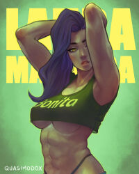 1girl abs armpits arms_up asymmetrical_hair breasts character_name crop_top dark-skinned_female dark_skin green_background highres laura_matsuda looking_at_viewer muscular muscular_female navel official_alternate_costume panty_straps parted_lips quasimodox sleeveless solo stomach street_fighter street_fighter_v thong underboob