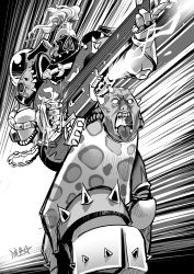 Rule 34 | 1boy, adeptus astartes, armor, chaos (warhammer), chaos space marine, commentary, electric guitar, english commentary, firing, full armor, greyscale, guitar, gun, helmet, highres, holding, holding instrument, holding plectrum, instrument, male focus, monochrome, music, noise marines, pauldrons, playing instrument, plectrum, plume, rifle, ryuusei (mark ii), shoulder armor, shoulder spikes, signature, solo, speed lines, spiked boots, spikes, standing, warhammer 40k, weapon