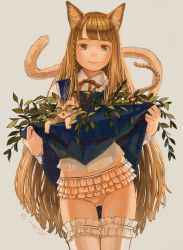 Rule 34 | 1girl, animal ear fluff, animal ears, blue dress, blue eyes, blunt bangs, braid, cat, cat ears, cat tail, clothes lift, collared shirt, cowboy shot, dress, eikoh, frilled panties, frilled thighhighs, frills, highres, legs together, lifted by self, long hair, long sleeves, neck ribbon, orange hair, orange panties, original, panties, pinafore dress, red ribbon, ribbon, shirt, side braid, signature, skirt, skirt lift, sleeveless dress, solo, standing, tail, thighhighs, underwear, uniform, very long hair, white thighhighs