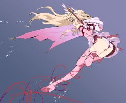 Rule 34 | 1girl, arms behind back, ass, bare shoulders, bdsm, blonde hair, blush, bondage, boots, bound, breasts, commentary request, crotch rope, dress, fate/kaleid liner prisma illya, fate (series), from behind, grin, hair ornament, high heels, highres, holding, holding staff, illyasviel von einzbern, kaleido ruby, kaleidostick, kinbakuman, long hair, panties, pink dress, pink thighhighs, red eyes, restrained, small breasts, smile, solo, staff, thigh boots, thighhighs, tohsaka rin, toosaka rin, underwear, white panties