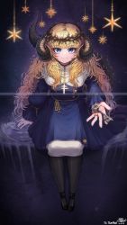 Rule 34 | 1girl, absurdres, amulet, black footwear, black pantyhose, blonde hair, blue dress, blue eyes, blush, breasts, buttons, commentary request, commission, crown of thorns, dress, highres, holding, holding key, jewelry, key, kokukyukeo, long hair, looking at viewer, medium breasts, original, outstretched arm, pantyhose, ring, sitting, solo, star (symbol), starry background, tail, very long hair, wavy hair