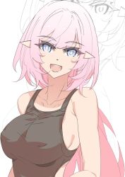 Rule 34 | 1girl, alternate costume, bare shoulders, black shirt, blue eyes, breasts, clothing cutout, collarbone, covered erect nipples, elf, elysia (honkai impact), elysia (miss pink elf) (honkai impact), hair between eyes, highres, honkai (series), honkai impact 3rd, kili kilio, large breasts, long hair, looking at viewer, pink pupils, pointy ears, shirt, side cutout, smile, solo, teeth, upper teeth only, zoom layer