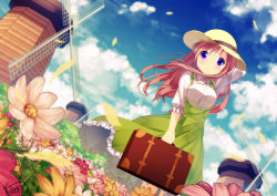 Rule 34 | 1girl, arm up, blue sky, blush, breasts, buttons, carrying, closed mouth, cloud, collared shirt, commentary request, cowboy shot, daisy, day, dress, dutch angle, flower, frilled dress, frilled sleeves, frills, gochuumon wa usagi desu ka?, grass, green dress, hat, highres, hoto mocha, large breasts, long dress, long hair, looking at viewer, meadow, mokachino, orange hair, outdoors, petals, purple eyes, shirt, short sleeves, signature, sky, sleeveless, sleeveless dress, smile, solo, standing, suitcase, sun hat, white shirt, wind, windmill, yellow hat