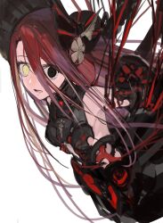 Rule 34 | 1girl, armor, armored dress, bare shoulders, black armor, black dress, black eyes, black headwear, bonnet, breasts, detached sleeves, dress, fate/grand order, fate (series), hair between eyes, hanging, heterochromia, highres, long hair, looking at viewer, medium breasts, open mouth, red hair, simple background, solo, typhon ephemeros (fate), very long hair, white background, yellow eyes, yorurokujuu