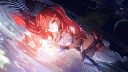 Rule 34 | 1girl, absurdres, bare shoulders, black skirt, blue eyes, commentary, crop top, different reflection, highres, honkai (series), honkai impact 3rd, long hair, lying, midriff, on side, red hair, reflection, ripples, second-party source, senadina (honkai impact), skirt, thighhighs, water, white thighhighs, yurayura (mdeh5447)