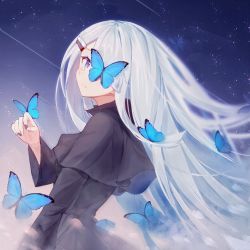 Rule 34 | 1girl, absurdres, black dress, bug, butterfly, dress, grey hair, hair ornament, hair over one eye, hairclip, highres, hisaya kii, insect, long hair, looking at viewer, noir (noworld), noworld, smile, solo, virtual youtuber, white hair