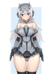 Rule 34 | 1girl, absurdres, aomoro, architect (frame arms girl), armored gloves, armored leotard, arms at sides, artist name, bare shoulders, black thighhighs, blue eyes, blush, bodysuit, breasts, collarbone, commentary, detached collar, elbow gloves, frame arms girl, gloves, grey background, headgear, highres, large breasts, leotard, long hair, looking at viewer, miniskirt, parted lips, simple background, skirt, solo, strapless, strapless leotard, teeth, thighhighs, thighs, white background, white hair