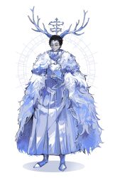 Rule 34 | 1boy, absurdres, antlers, black clover, black hair, cape, closed eyes, closed mouth, collared robe, facial mark, forehead mark, full body, fur cape, halo, high collar, highres, horns, light smile, lucius zogratis, male focus, poonwip, robe, short hair, simple background, white background, white robe