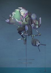 Rule 34 | 10s, 1girl, alternate costume, backpack, bag, black pantyhose, blunt bangs, book, boots, boushi-ya, cannon, coat, coffee maker, commentary, compass, cup, fairy (kancolle), fishing, fishing line, fishing lure, gloves, grey hair, hair ribbon, highres, holding, holding pen, hood, hooded jacket, jacket, kantai collection, long hair, long sleeves, map, mug, murakumo (kancolle), night, open book, orange eyes, pantyhose, pen, polearm, reading, ribbon, scarf, sidelocks, solo, spear, squatting, steam, teapot, thighband pantyhose, tress ribbon, weapon