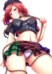Rule 34 | 1girl, bare shoulders, blush, breasts, chain, clothes writing, collar, ebi 193, female focus, from below, hat, hecatia lapislazuli, large breasts, leash, looking at viewer, midriff, multicolored clothes, multicolored skirt, navel, panties, pantyshot, red eyes, red hair, shirt, simple background, skirt, smile, solo, striped clothes, striped panties, touhou, underwear, white background