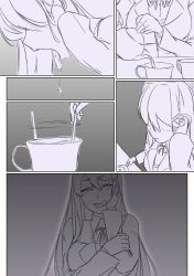 Rule 34 | 1girl, breasts, cup, doki doki literature club, glowing, glowing eyes, hair behind ear, hand on own cheek, hand on own face, kaxiota, large breasts, long hair, making tea, monochrome, purple eyes, saliva, spitting, tea, teacup, tongue, tongue out, yandere, yuri (doki doki literature club)
