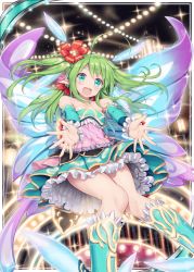 Rule 34 | 1girl, :d, akkijin, aqua eyes, bare shoulders, boots, card (medium), carnival, dress, fairy, fairy wings, flower, green hair, hair flower, hair ornament, multicolored clothes, official art, open mouth, pixie servant (shinkai no valkyrie), pointy ears, shinkai no valkyrie, smile, solo, wings