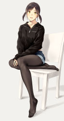 Rule 34 | 1girl, :d, black pantyhose, black sweater, blush, brown hair, chair, collarbone, commentary request, denim, denim shorts, full body, grey background, highres, hiwatari rin, pantyhose under shorts, long sleeves, looking at viewer, low twintails, no shoes, open mouth, original, pantyhose, parted bangs, short hair, short twintails, shorts, simple background, sitting, sleeves past wrists, smile, solo, sweater, twintails, unzipped, yellow eyes, zipper pull tab