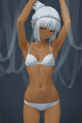 Rule 34 | 1girl, altera (fate), alternate costume, alternate hairstyle, armpits, arms up, bra, breasts, closed mouth, collarbone, commentary, dark-skinned female, dark skin, fate/extella, fate/extra, fate/grand order, fate (series), highres, looking at viewer, medium breasts, miura-n315, navel, panties, red eyes, short hair, solo, stomach, stomach tattoo, tattoo, underwear, white bra, white hair, white panties