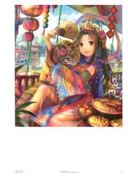 Rule 34 | 1girl, absurdres, brown hair, china dress, chinese clothes, cloud, day, detached sleeves, dress, hand fan, flower, fuzichoco, hair ornament, highres, holding, holding fan, huge filesize, long hair, open mouth, original, outdoors, pink flower, sitting, sky, smile, solo, tiger