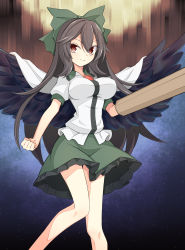 Rule 34 | 1girl, arm cannon, black hair, black wings, bow, breasts, brown hair, cape, green bow, green skirt, hair bow, highres, knees together feet apart, large breasts, long hair, looking at viewer, puffy short sleeves, puffy sleeves, red eyes, reiuji utsuho, shirt, short sleeves, skirt, smile, solo, touhou, user cwdv2523, very long hair, weapon, wings