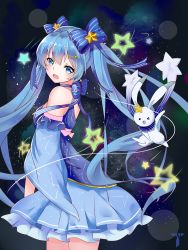 Rule 34 | 1girl, :d, absurdres, bare shoulders, blue bow, blue dress, blue eyes, blue hair, bow, detached sleeves, dress, fang, from side, hair bow, hair ornament, hairclip, hatsune miku, highres, long hair, long sleeves, open mouth, petticoat, rabbit, smile, solo, star (sky), star (symbol), star hair ornament, twintails, very long hair, vocaloid, w-t, wide sleeves, yuki miku